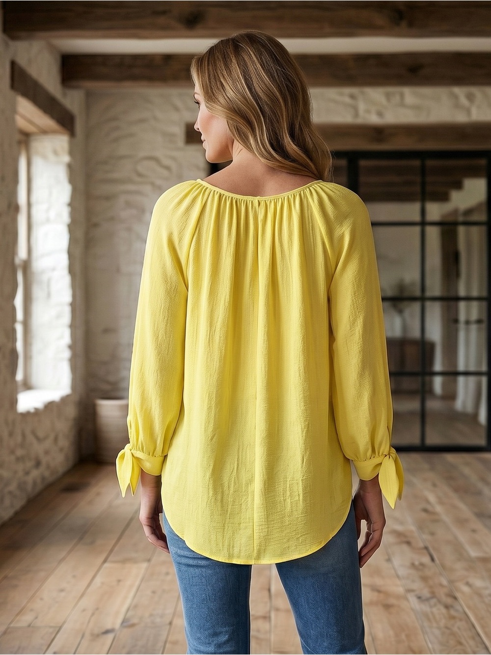 Ab Studio Sunshine Yellow Feminine Tie-Sleeve Button Down Blouse — image 2 of 2